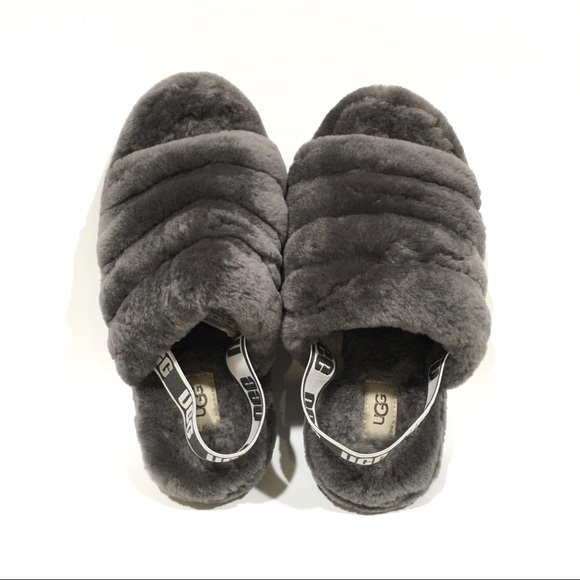 UGG Fluff Yeah Slide Slipper Sandals -Charcoal Sheepskin -Youth US 5 -NEW - Picture 4 of 6